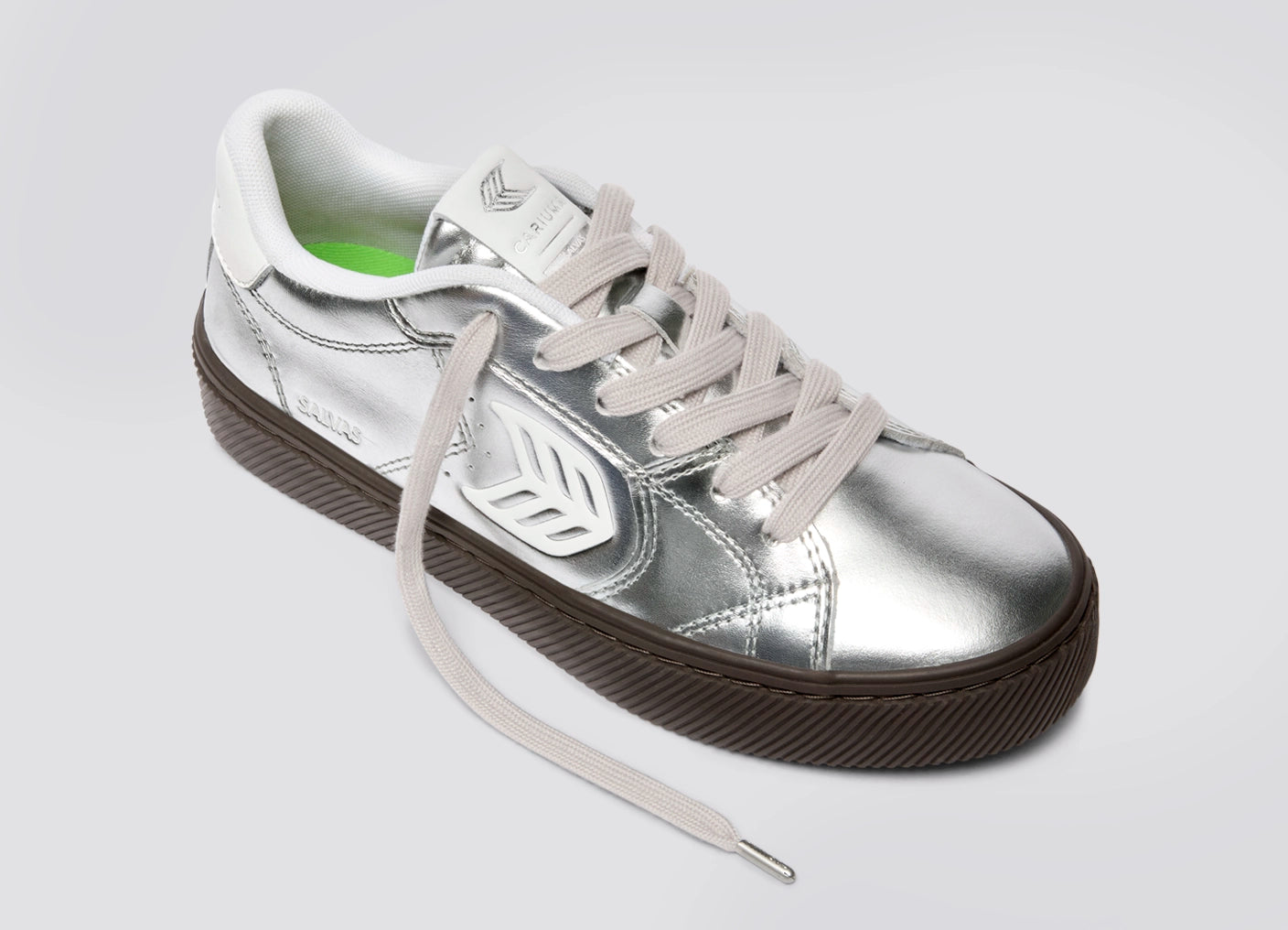 SALVAS Teak Silver Metallic Leather Off-White Logo Sneaker Women