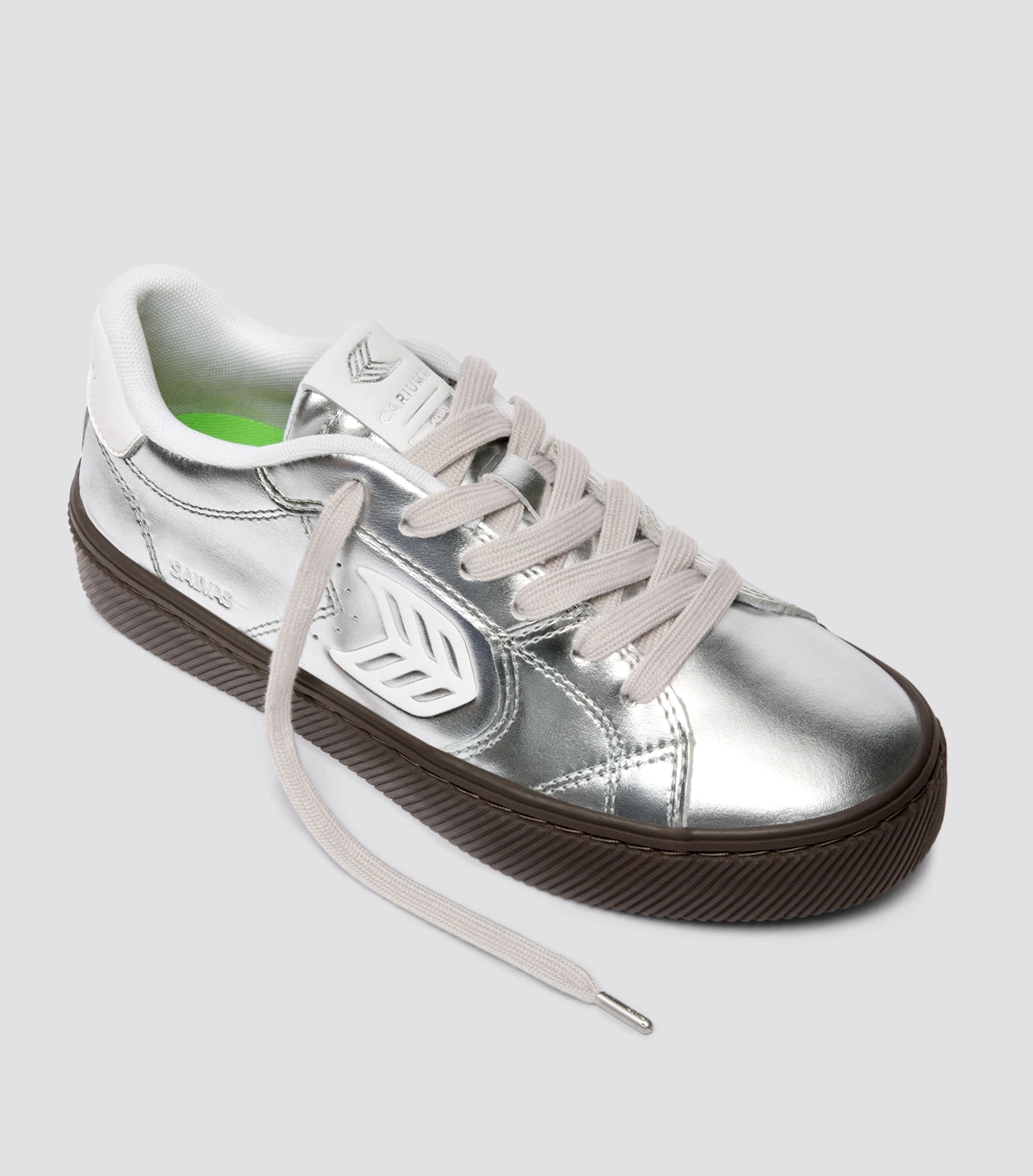 SALVAS Teak Silver Metallic Leather Off-White Logo Sneaker Women