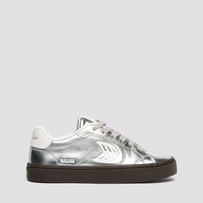 SALVAS Teak Silver Metallic Leather Off-White Logo Sneaker Women