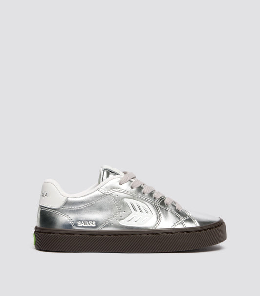 SALVAS Teak Silver Metallic Leather Off-White Logo Sneaker Women