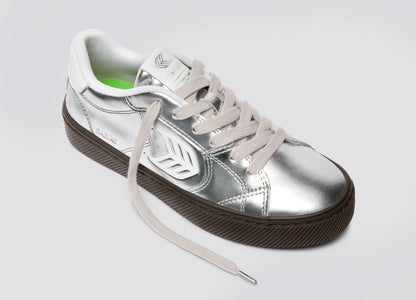 SALVAS Teak Silver Metallic Leather Off-White Logo Sneaker Women