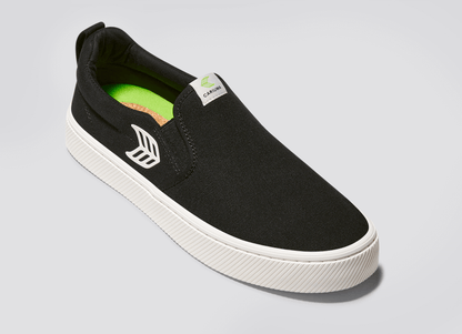 SLIP ON ブラックキャンバス オフホワイトロゴ スニーカー ウィメンズ